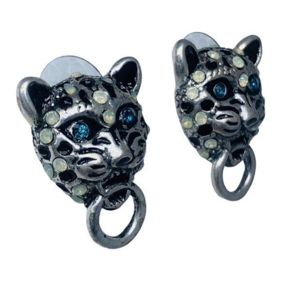 Betsey Johnson WHITEOUT Crystal Snow Leopard Door Knocker Button Stud Earrings - Picture 4 of 9